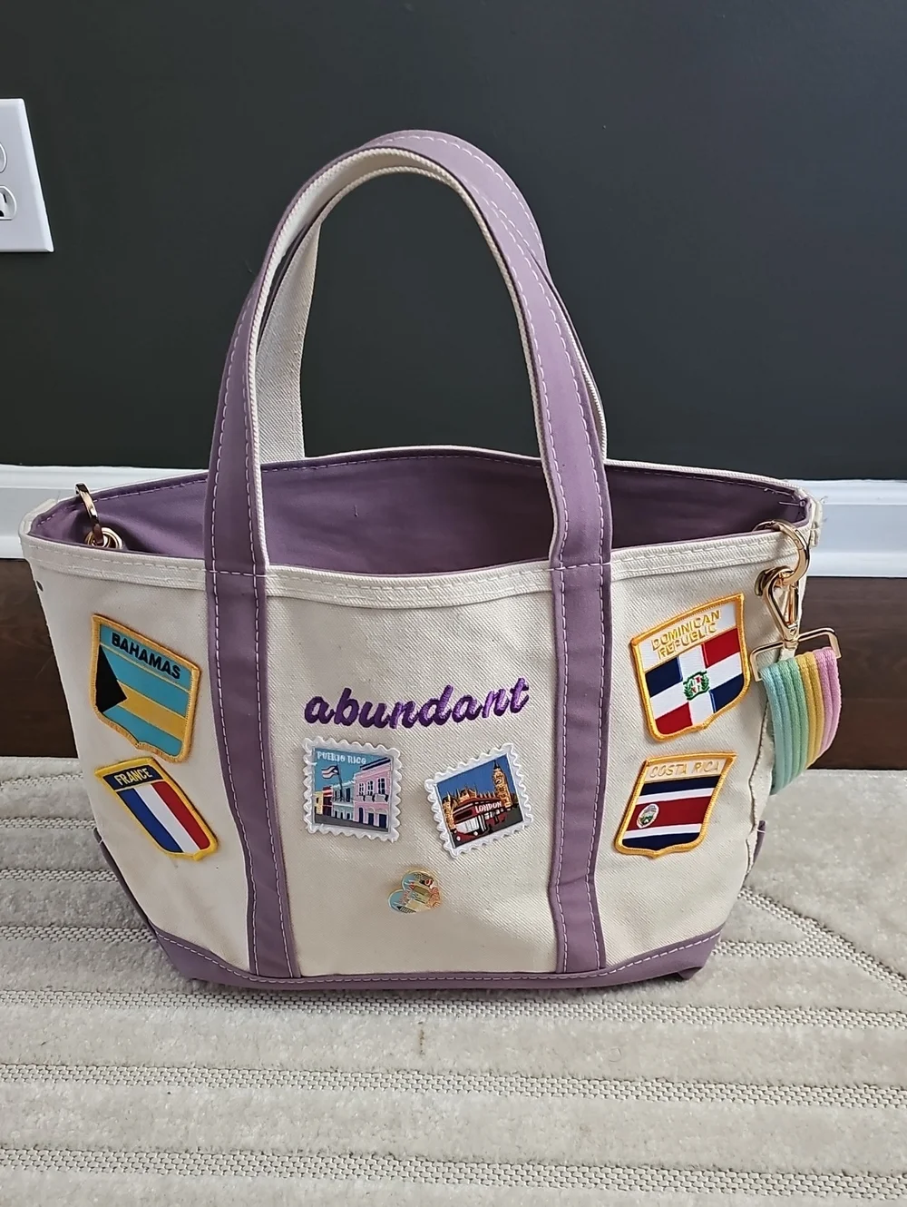 LL BEAN Canvas Tote Bag in Cream and Lavender